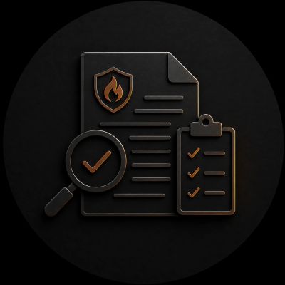 Dark-themed document and checklist with fire safety icon and magnifying glass.