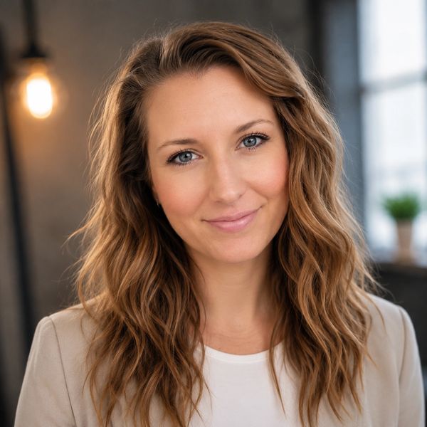 Smiling woman with wavy hair in a bright room.