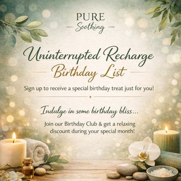 Invitation for a soothing birthday club with special treats and discounts.