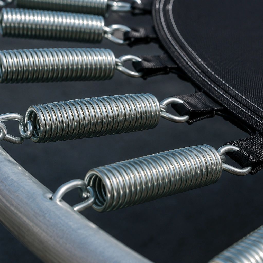 Close-up of metal springs on a trampoline frame.