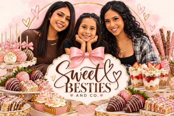 Three smiling girls surrounded by desserts with a "Sweet Besties" sign.