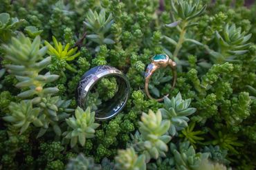 Two wedding rings on a bed of succulents.