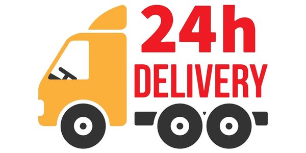 Red and Orange Cartoon Van with 24 Hour Delivery Wording