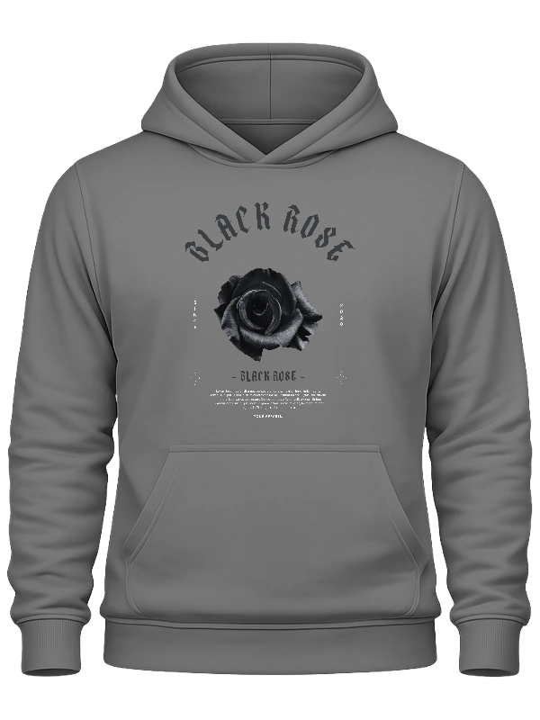 Gray hoodie featuring a black rose graphic with "BLACK ROSE" text.