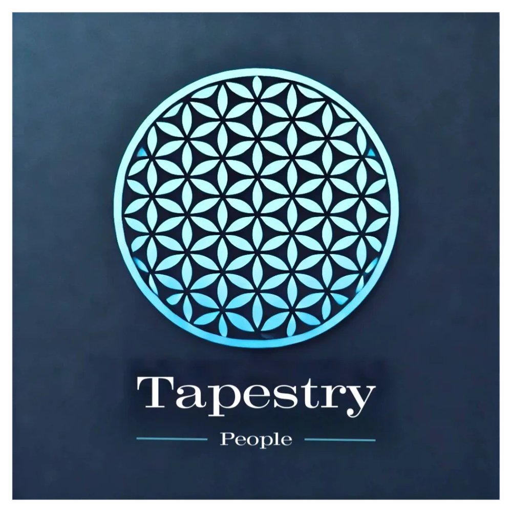 Blue circular geometric logo with 'Tapestry People' text.