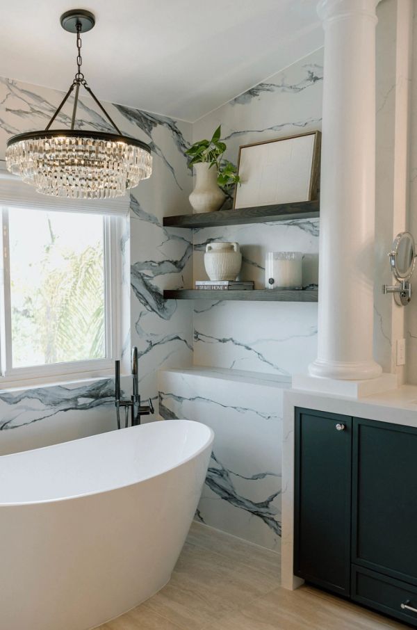 Coastal bathroom with large blue veining tile