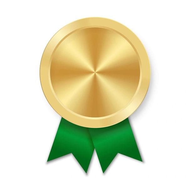 Gold medal with green ribbon, symbolizing achievement.