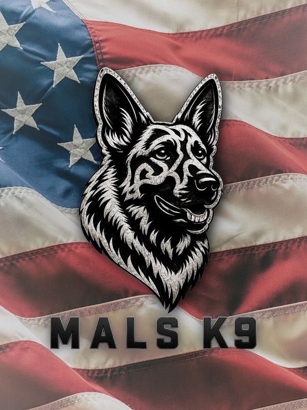 Artistic German Shepherd illustration over an American flag with 'MALS K9' text.