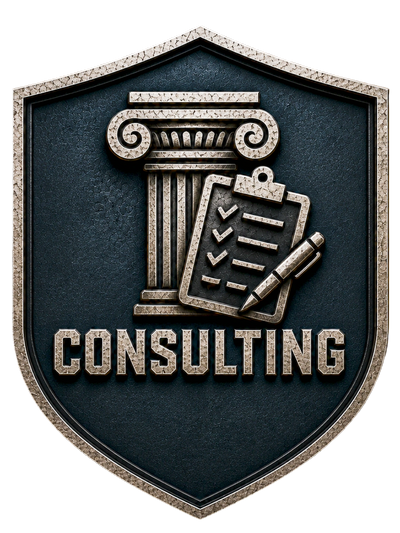 A metallic consulting emblem with a column and checklist design.