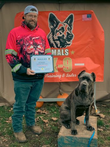 Man with a certificate and a large dog in front of a MALS K9 banner.