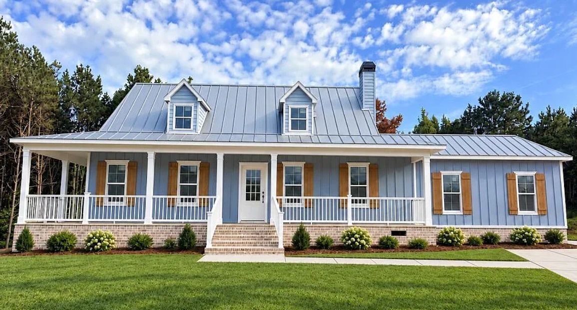 Blue country house with porch and dormer windows.
