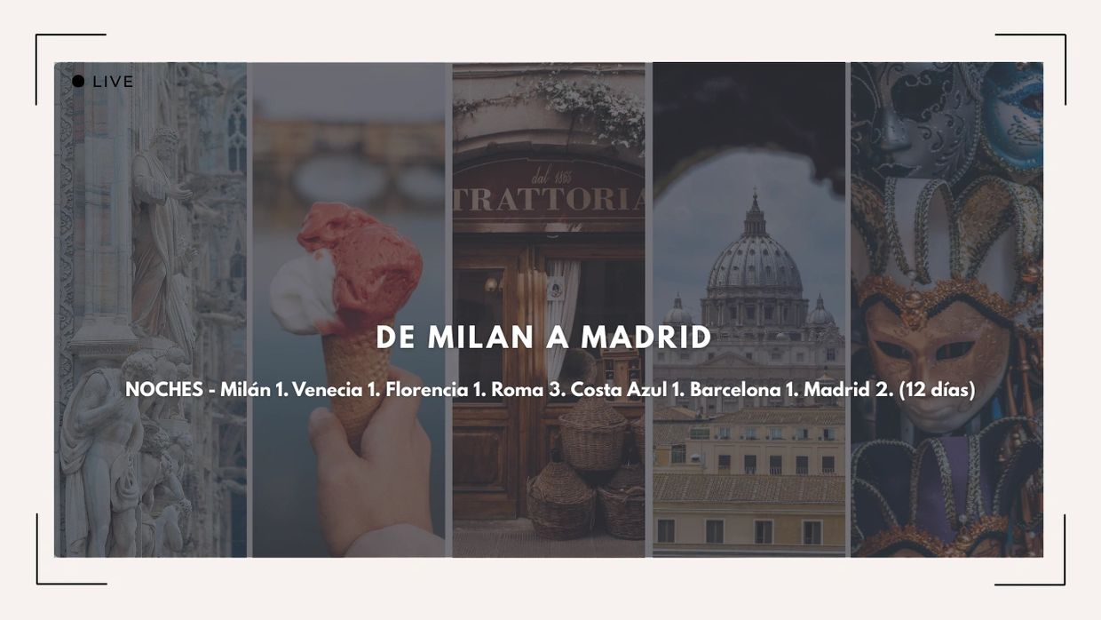 Itinerary from Milan to Madrid with stops in Venice, Florence, Rome, Costa Azul, and Barcelona over 12 days.flornecia, roma, costa azul, barcelona, madrid