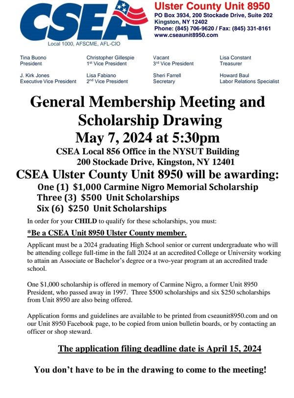 CSEA Unit 8950 General Membership Meeting and Scholarship Drawing