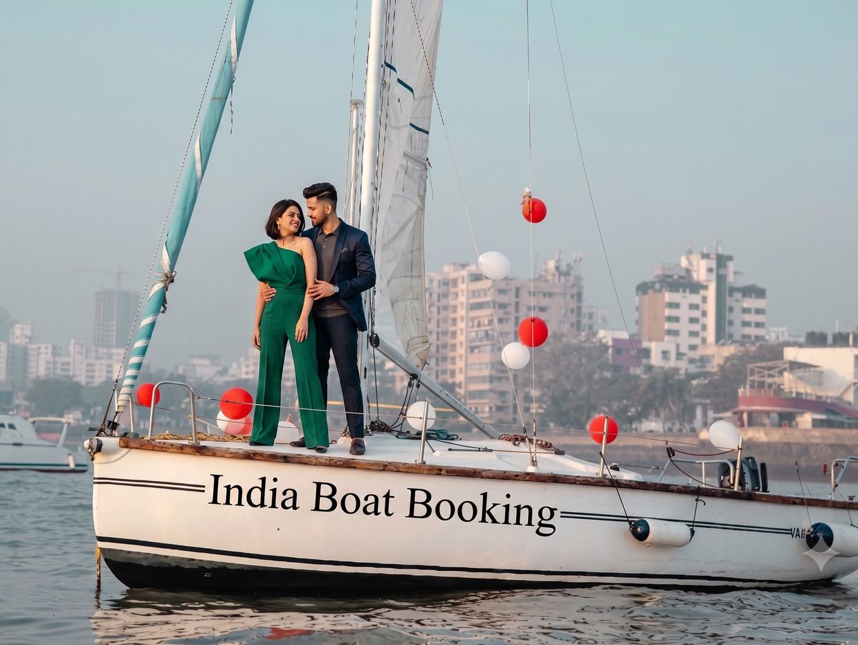 Couple standing on a decorated sailboat with cityscape background.