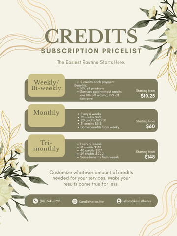 Subscription pricelist for skincare credits with weekly, monthly, and tri-monthly options.