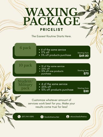 Waxing package pricelist with discounts for 6, 10, and student/military packs.