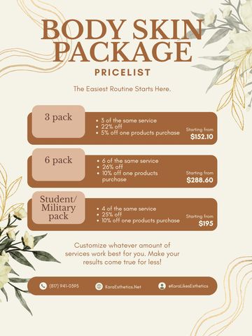 Body skin package pricelist with discounts for 3, 6, and student/military packs.
