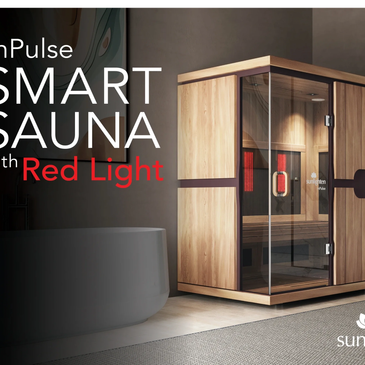Modern wooden smart sauna with red light therapy.