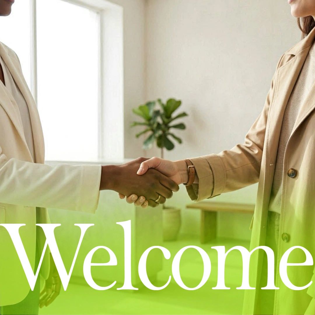 Two people shaking hands with a "Welcome" text overlay.