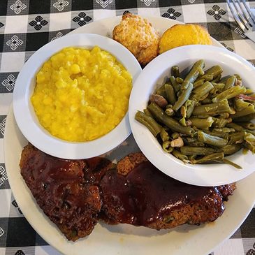 Good ole southern dishes to include corn bread muffins and meatloaf.