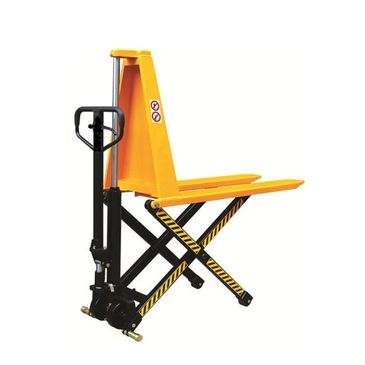 Yellow high-lift pallet jack with black and yellow striped arms for heavy lifting.