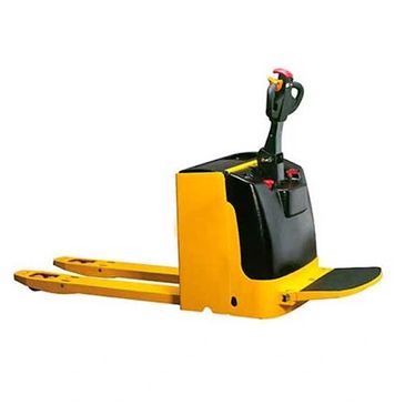 Yellow and black electric pallet jack with control handle and platform.