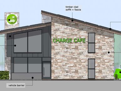 Architectural elevation of a café with stone facade and green signage.
