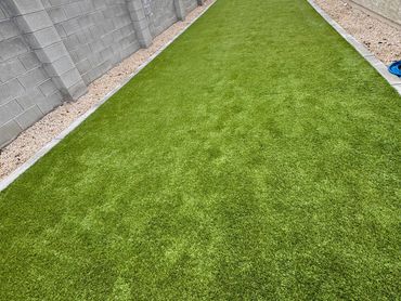Side-yard turf area in Mesa cluttered with leaves and debris before professional maintenance.