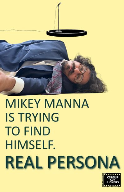 Man in suit lying down, microphone overhead, text about finding oneself.