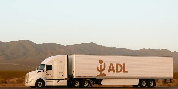 A white semi-truck driving through a desert landscape with mountains in the background. ADL logo on