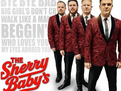 The Sherry Baby's band members in red patterned jackets.