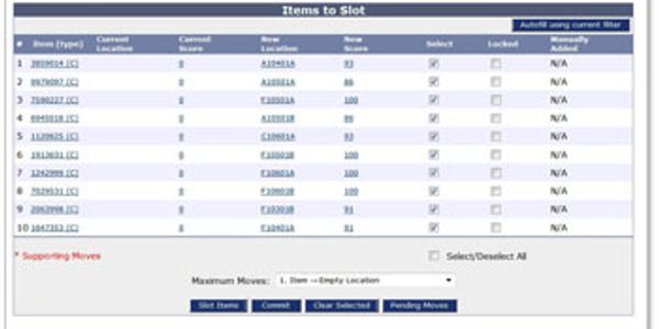 Software interface showing item slotting with checkboxes and move options.