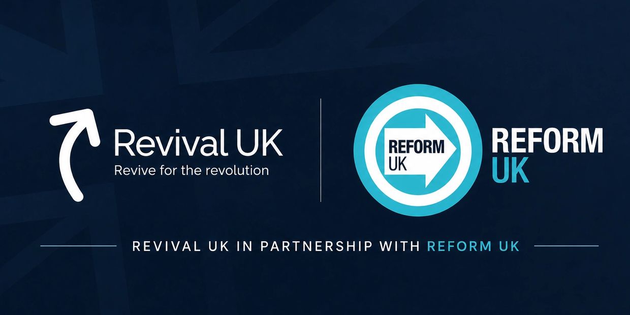 Logos of Revival UK and Reform UK in partnership on a dark blue background.