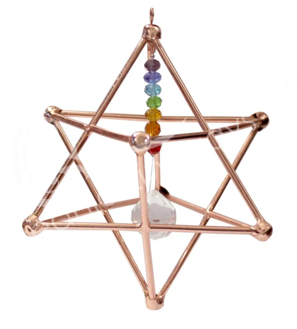 Geometric copper wire star with hanging beads and crystal.
