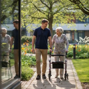 A young man walks with an elderly woman using a walker in a garden path.