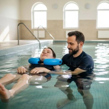 Therapist assisting woman in water therapy session with neck support.