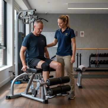 A man performs leg exercises with a trainer's guidance in a gym.