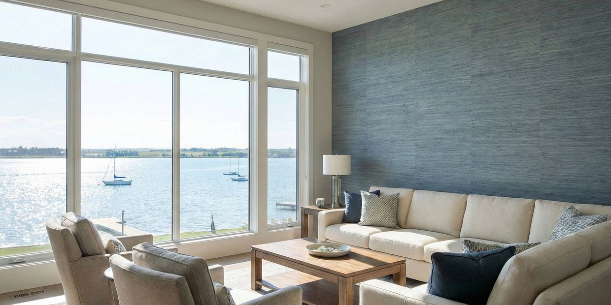 Glare reduction window film installation for Chestermere lakeside home living room