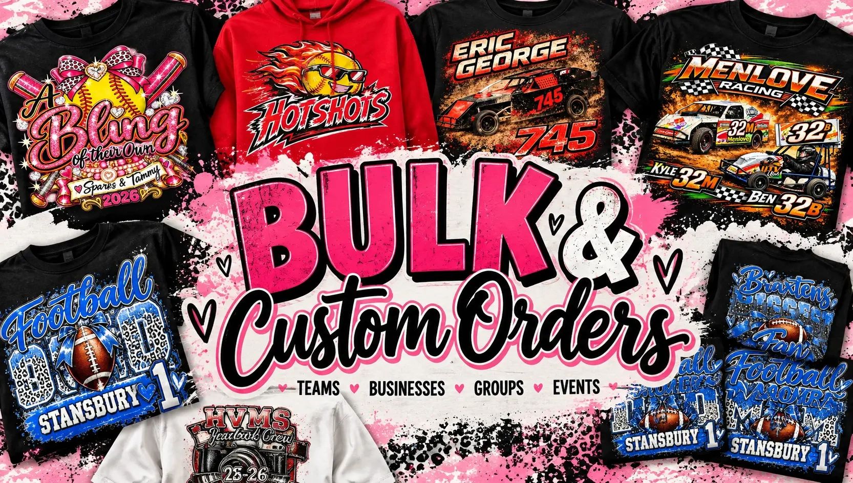 Colorful custom T-shirts surrounding text about bulk and custom orders.
