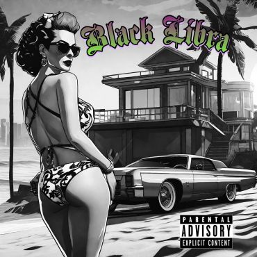 Black and white retro beach scene with a woman and car.