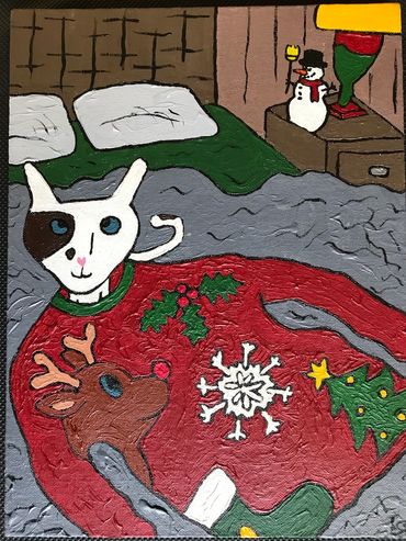 "Muffin Getting Into Her Favorite Christmas Sweater" 9 x 12, Acrylic on Canvas. This painting appear