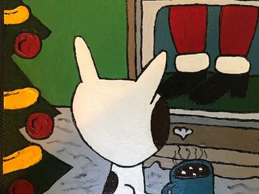 "Muffin Watching Her Favorite Christmas Special with a Warm Cup of Hot Cocoa" 9 x 12, Acrylic on Can