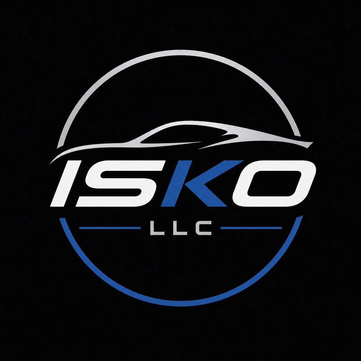 Sleek ISKO LLC logo with car silhouette and circular design in black, white, and blue.