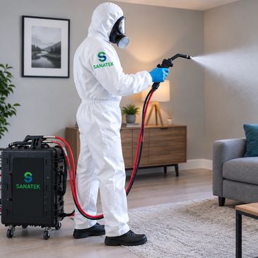 Person in protective suit sanitizing a living room.