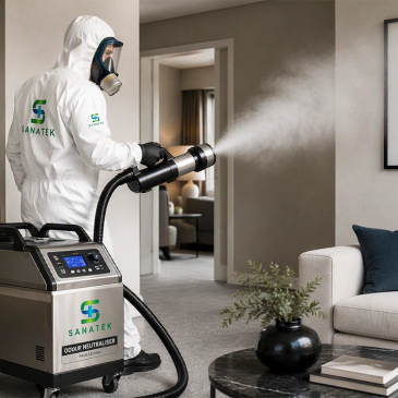 Person disinfecting room with fogging machine.