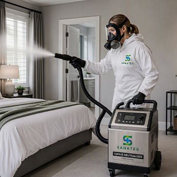 Person disinfecting a bedroom with a fogging machine.