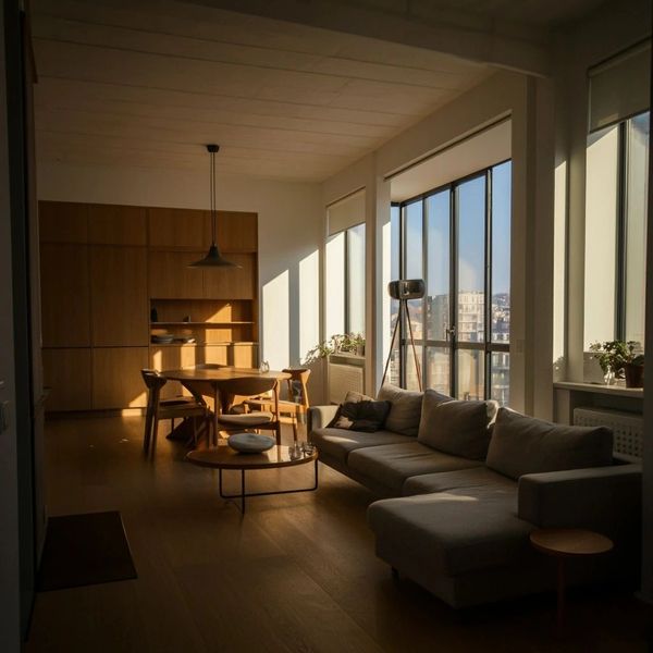Sunlit modern living room with wooden furniture and large windows.