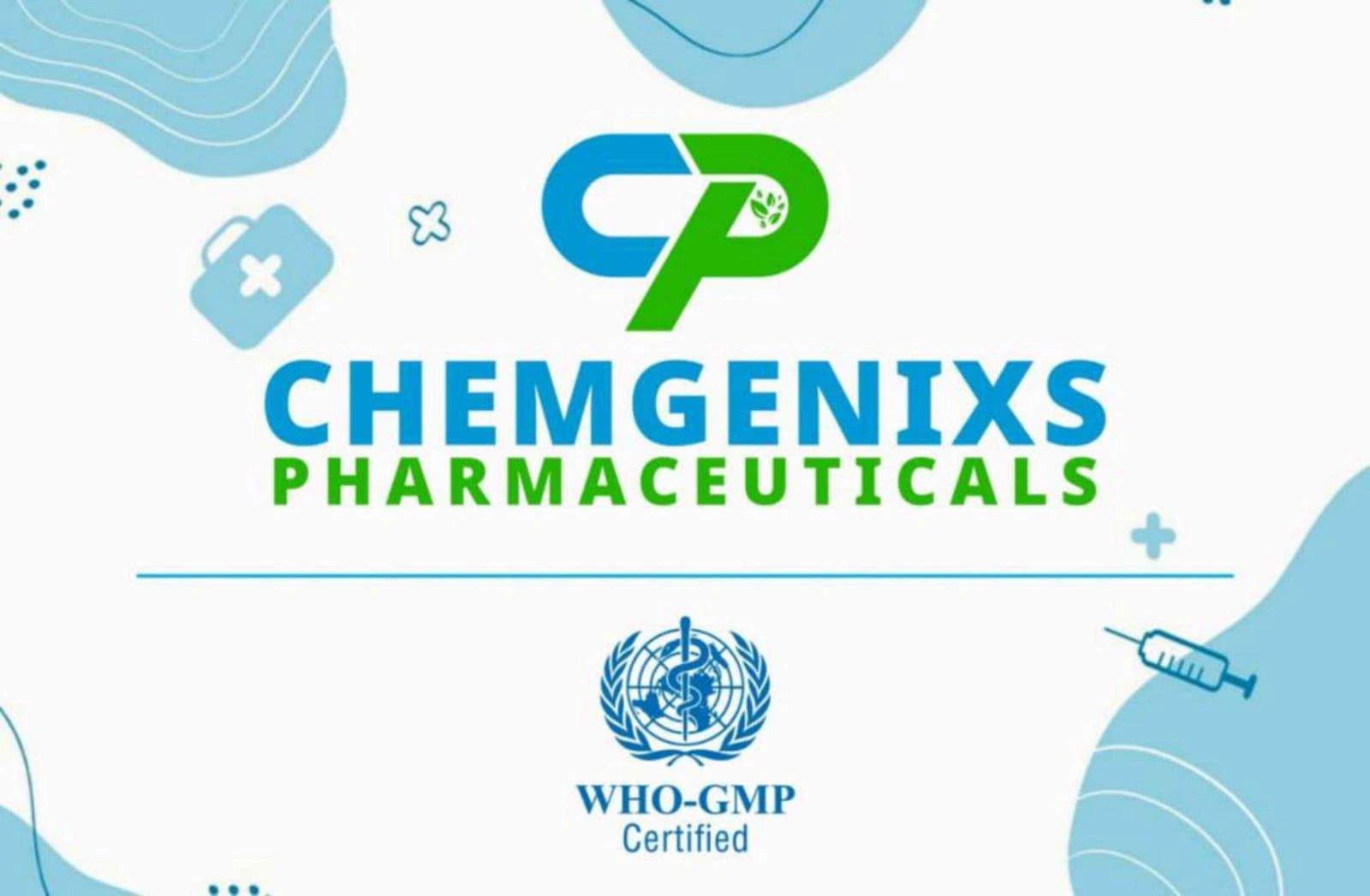Chemgenixs Pharmaceuticals company logo with WHOGMP certified pharmaceutical product catalogue cover