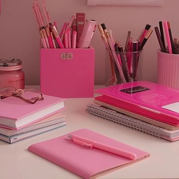 Organized pink-themed desk with stationery and notebooks.