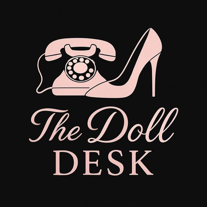 Logo with a vintage phone and high heel shoe, titled The Doll Desk.